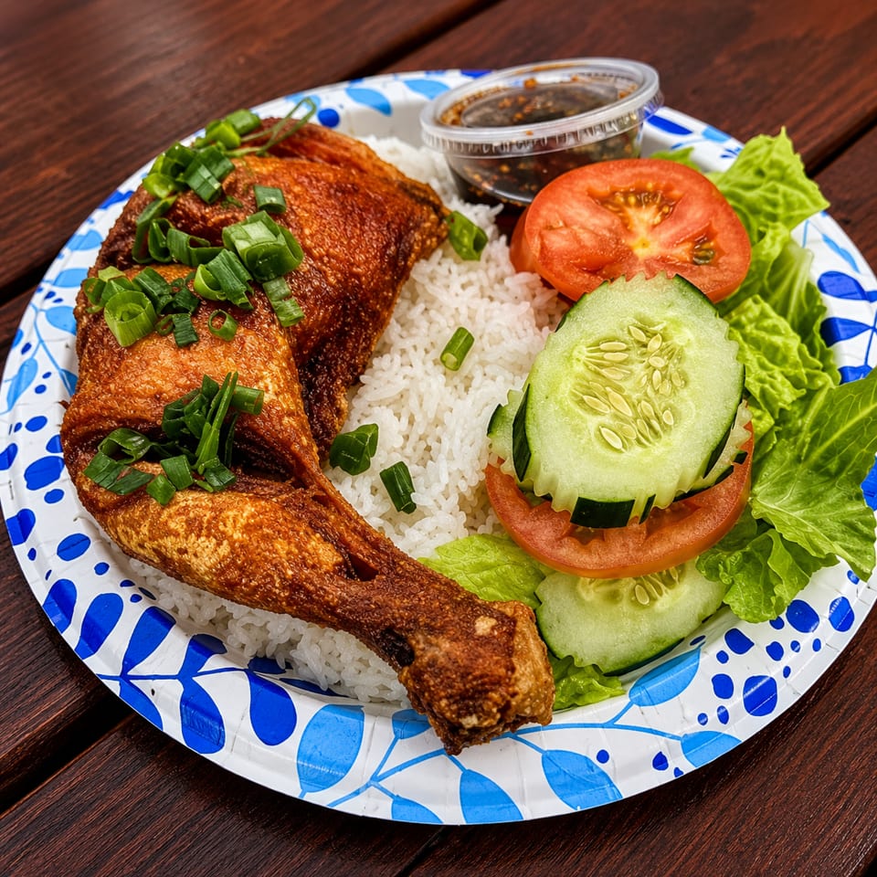 Crispy fried chicken leg with rice, sliced cucumbers, tomatoes, lettuce, and dipping sauce on a paper plate.