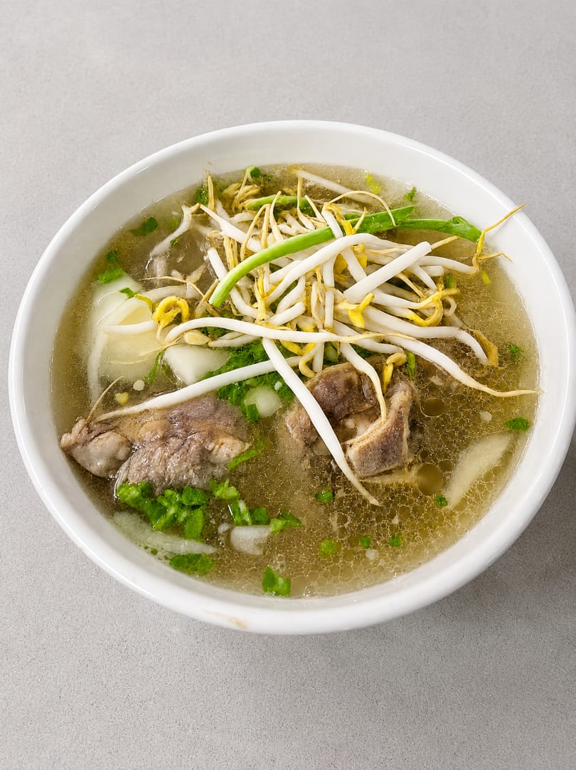 Close-up of a bowl of pho with beef, bean sprouts, and green onions in a clear broth.